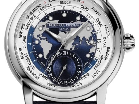 Limited Edition Frederique Constant Classics Worldtimer Manufacture GMT Automatic Stainless Steel Blue Dial Blue Leather Strap Date Mens Watch FC-718NWWM4H6 Discount