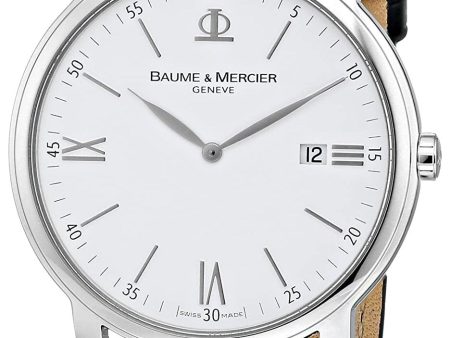 Baume & Mercier Classima Stainless Steel White Dial Black Leather Strap Date Quartz Mens Watch M0A08485 Sale