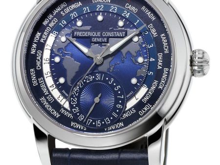 Frederique Constant Classic Worldtimer Manufacture Automatic Blue Dial Blue Leather Strap Mens Watch FC-718NWM4H6 Online Hot Sale