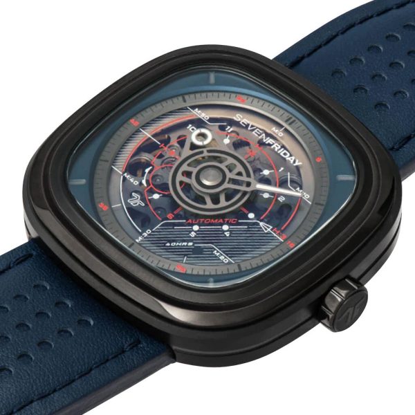 SEVENFRIDAY T-Series Automatic Black PVD Blue Skeleton Dial Blue Leather Strap Mens Watch T3 03 Discount