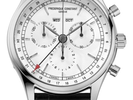 Frederique Constant Classics Chronograph Stainless Steel Silver Dial Black Leather Strap Day Date Month Quartz Mens Watch FC-296SW5B6 Online now