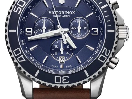 Victorinox Swiss Army Maverick Chronograph Stainless Steel Brown Leather Blue Dial Date Mens Watch 241865 on Sale