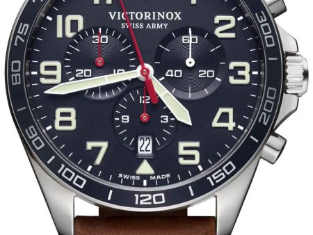 Victorinox Swiss Army FieldForce Chronograph Stainless Steel Mens Watch Brown Leather Blue Dial Date 241854 For Discount