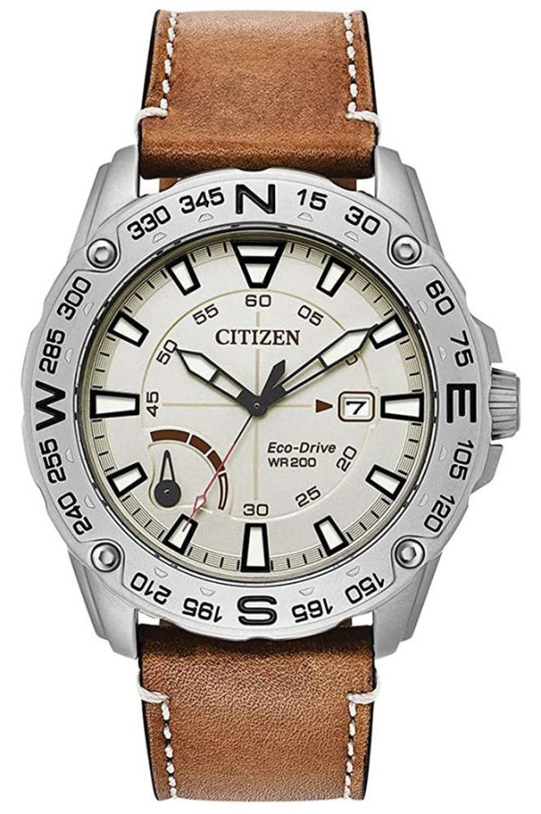 Citizen Matte Stainless Steel Cream Dial Tan Leather Strap Quartz Eco-Drive Date Mens Watch AW7040-02A Fashion