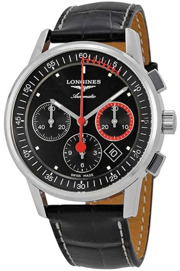 Longines Heritage Column-Wheel Chronograph Automatic Stainless Steel Black Leather Strap Black Dial Date Mens Watch L4.754.4.52.3 Discount