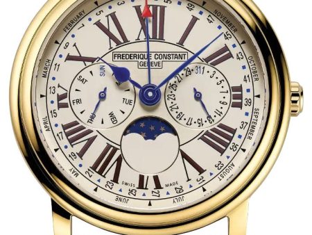 Frederique Constant Classics Business Timer Yellow Gold Plated Steel Ivory Dial Brown Leather Strap Moonphase Day Date Month Week Quartz Mens Watch FC-270EM4P5 Fashion