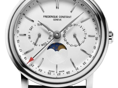 Frederique Constant Classics Index Business Timer Stainless Steel Silver Dial Black Leather Strap Day Date Week Moonphase Quartz Mens Watch FC-270SW4P26 Online now