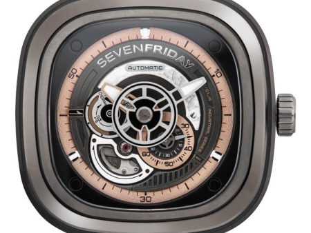 SEVENFRIDAY P-Series Automatic Gunmetal PVD Black Skeleton Dial Brown Leather Strap Mens Watch P2C 01 Online Hot Sale