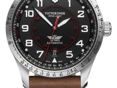 Victorinox Swiss Army Airboss Mechanical Automatic Stainless Steel Black Dial Brown Leather Strap Date Mens Watch 241973 For Cheap