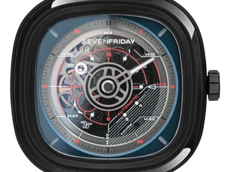 SEVENFRIDAY T-Series Automatic Black PVD Blue Skeleton Dial Blue Leather Strap Mens Watch T3 03 Discount