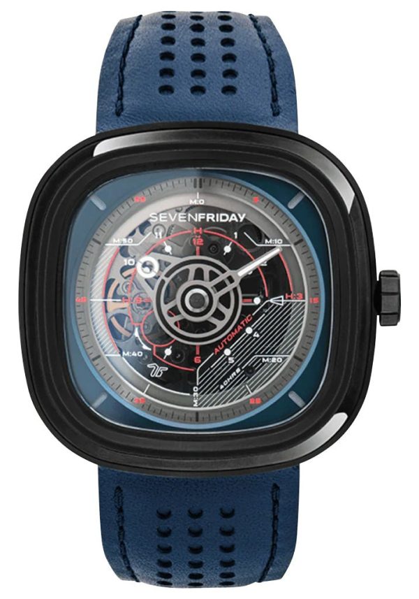 SEVENFRIDAY T-Series Automatic Black PVD Blue Skeleton Dial Blue Leather Strap Mens Watch T3 03 Discount