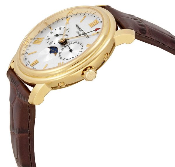 Frederique Constant Persuasion Classics Business Timer Yellow Gold Plated Steel Silver Dial Brown Leather Moonphase Day Date Quartz Mens Watch FC-270SW4P5 Supply