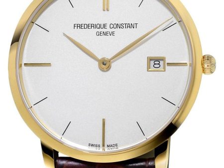 Frederique Constant Slimline Yellow Gold Plated Silver Dial Brown Leather Strap Date Quartz Mens Watch FC-220V5S5 Online Hot Sale