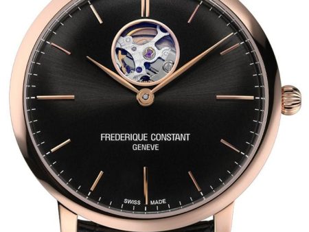 Frederique Constant Slimline Heart Beat Automatic Rose Gold Tone Steel Black Dial Black Leather Strap Mens Watch FC-312B4S4 For Sale