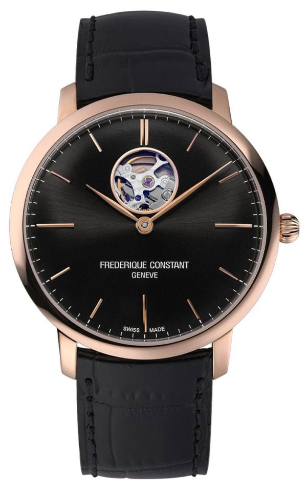 Frederique Constant Slimline Heart Beat Automatic Rose Gold Tone Steel Black Dial Black Leather Strap Mens Watch FC-312B4S4 For Sale