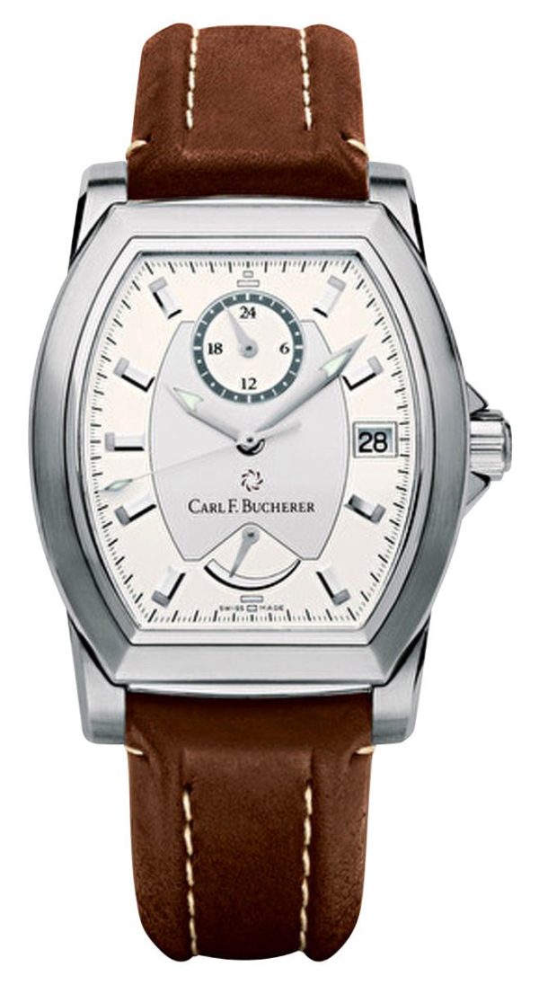 Carl F. Bucherer Patravi T-24 Automatic GMT Stainless Steel Silver Dial Brown Leather Strap Date Power Reserve Mens Watch 00.10612.08.13.01 Discount