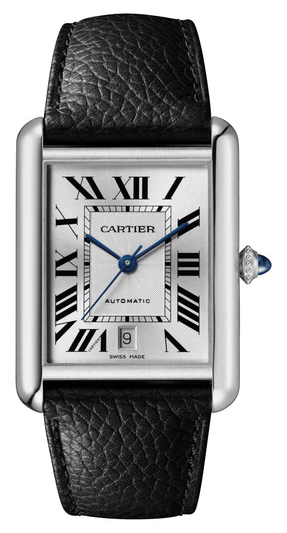 Cartier Tank Must Extra-Large Automatic Stainless Steel Silver Dial Black Leather Strap Date Mens Watch WSTA0040 For Cheap