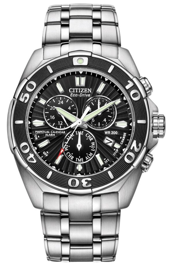 Citizen Signature Chronograph Steel Perpetual Calendar Dual Time Alarm Divers Quartz Eco-Drive Date Mens Watch BL5440-58E Online