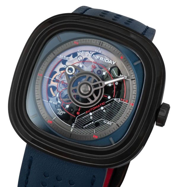 SEVENFRIDAY T-Series Automatic Black PVD Blue Skeleton Dial Blue Leather Strap Mens Watch T3 03 Discount