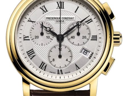 Frederique Constant Persuasion Classics Chronograph Yellow Gold Plated Steel Silver Dial Brown Leather Strap Date Quartz Mens Watch FC-292MC4P5 For Cheap