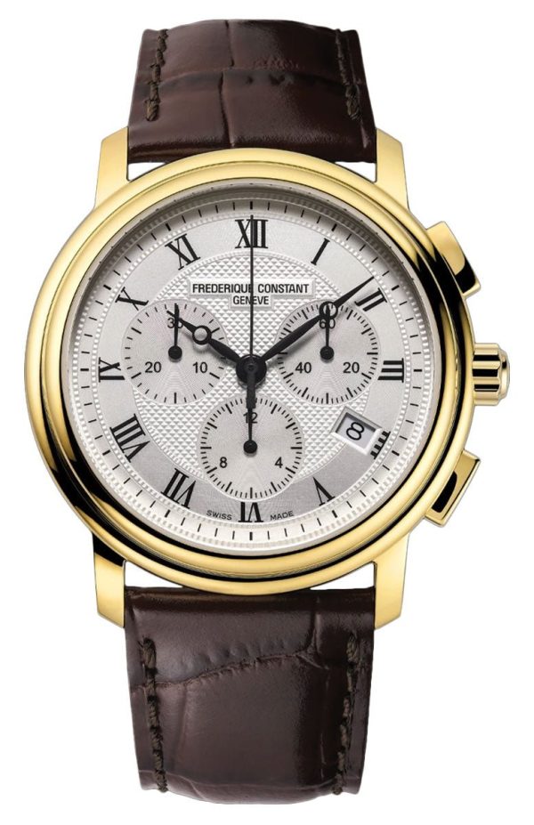 Frederique Constant Persuasion Classics Chronograph Yellow Gold Plated Steel Silver Dial Brown Leather Strap Date Quartz Mens Watch FC-292MC4P5 For Cheap