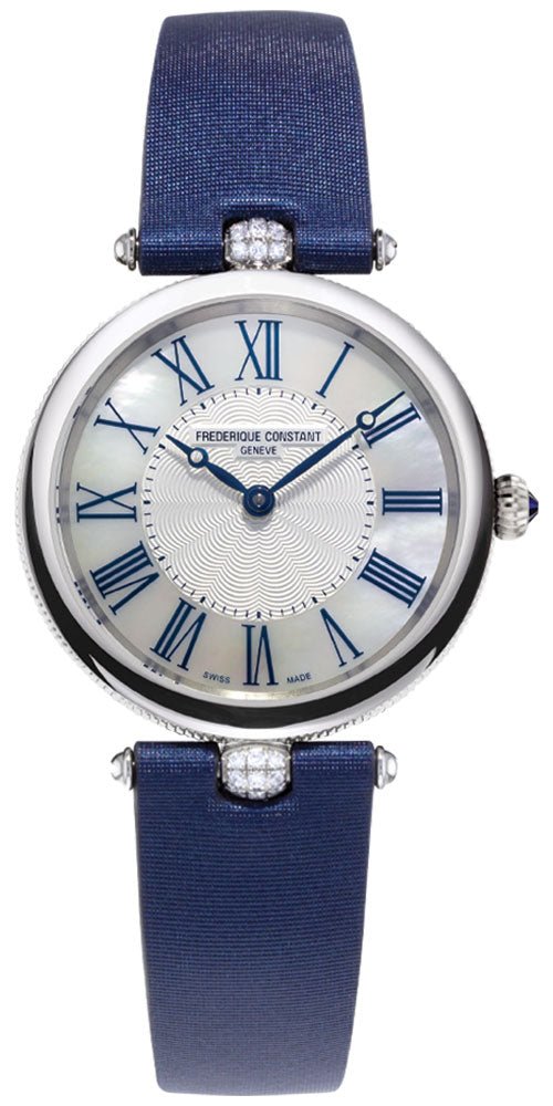 Frederique Constant Classics Art Deco Stainless Steel Blue Satin Strap Mother-of-Pearl Dial Diamonds Quartz Womens Watch FC-200MPWN2AR2D6 Hot on Sale