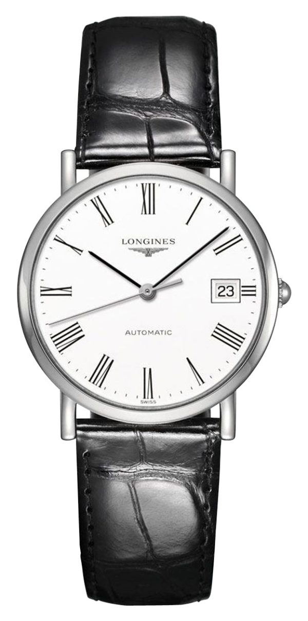 Longines Elegant Automatic Stainless Steel White Dial Black Leather Strap Date Womens Watch L4.809.4.11.2 Fashion