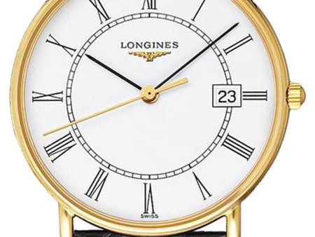 Longines Presence 18kt Yellow Gold White Dial Black Leather Strap Date Quartz Mens Watch L4.743.6.11.0 For Sale