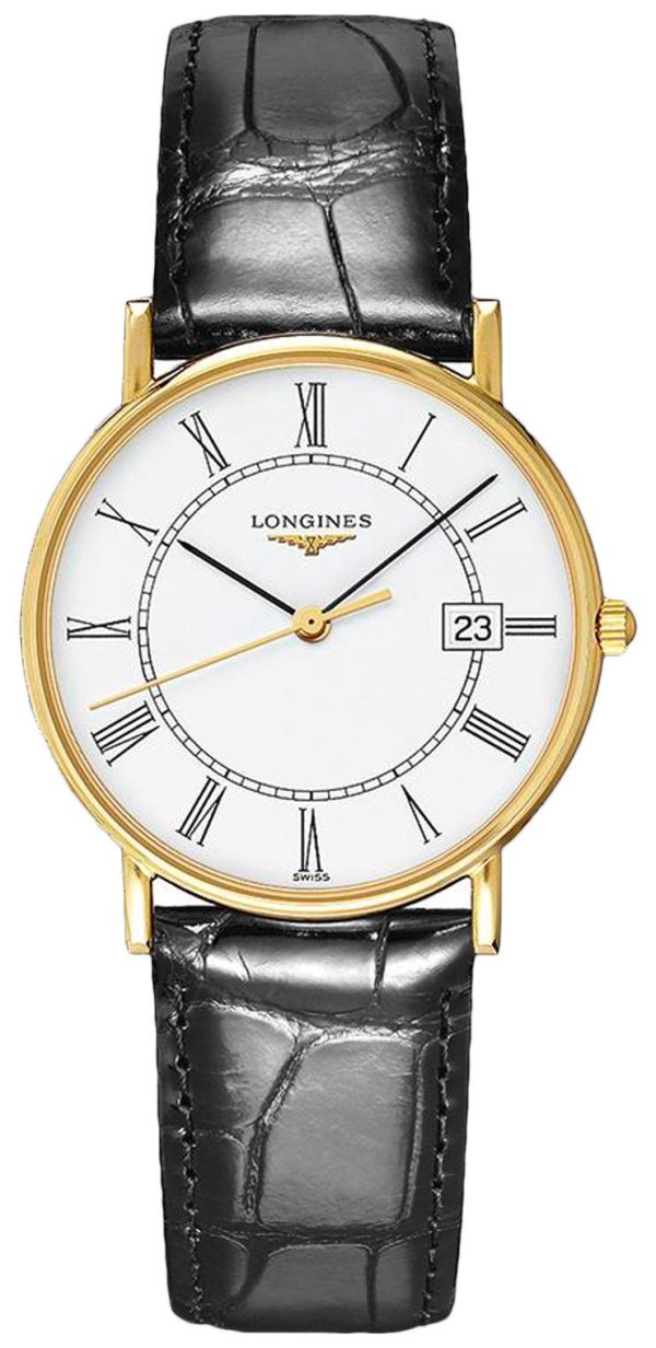 Longines Presence 18kt Yellow Gold White Dial Black Leather Strap Date Quartz Mens Watch L4.743.6.11.0 For Sale