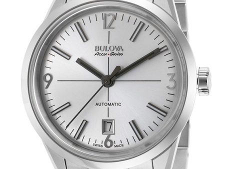 Bulova Accu-Swiss Murren Automatic Stainless Steel Mens Watch Silver Dial Date 63B177 on Sale