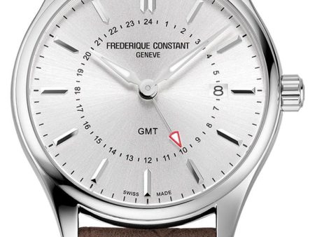 Frederique Constant Classics GMT Stainless Steel Silver Dial Brown Leather Strap Date Quartz Mens Watch FC-252SS5B6 For Cheap