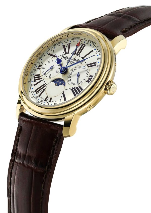 Frederique Constant Classics Business Timer Yellow Gold Plated Steel Ivory Dial Brown Leather Strap Moonphase Day Date Month Week Quartz Mens Watch FC-270EM4P5 Fashion