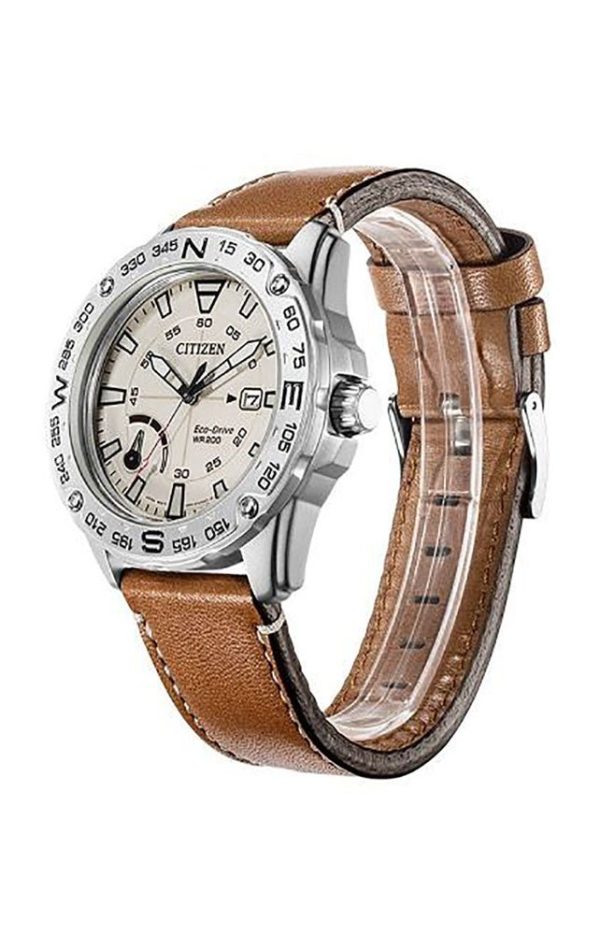 Citizen Matte Stainless Steel Cream Dial Tan Leather Strap Quartz Eco-Drive Date Mens Watch AW7040-02A Fashion