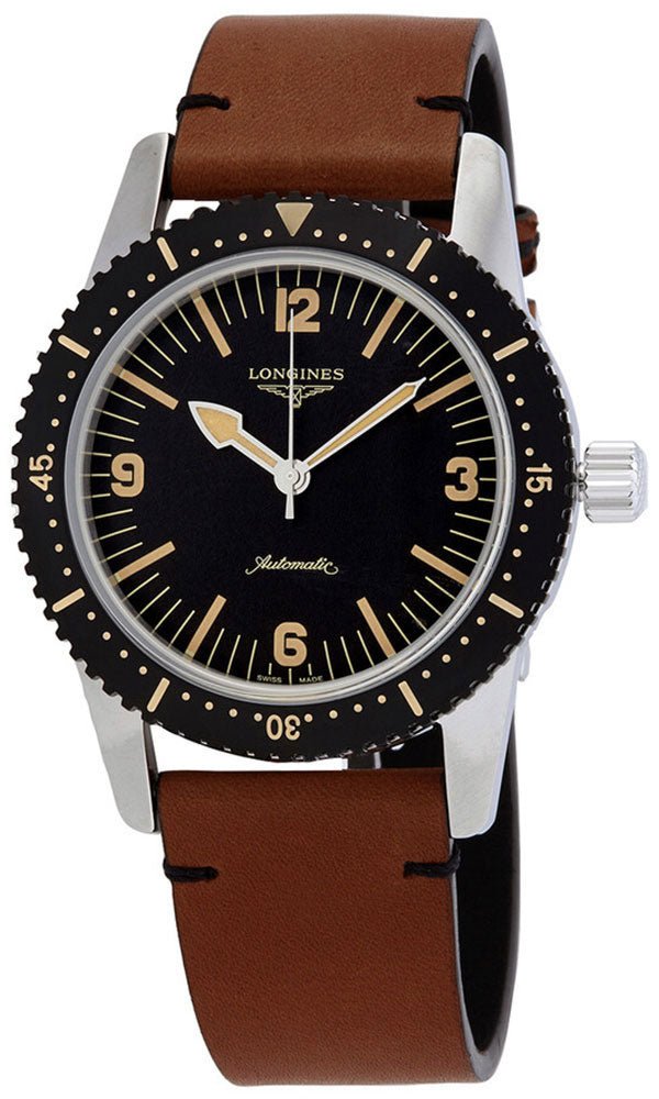 Longines Heritage Skin Diver Automatic Stainless Steel Black Dial Brown Leather Strap Mens Watch L2.822.4.56.2 Discount