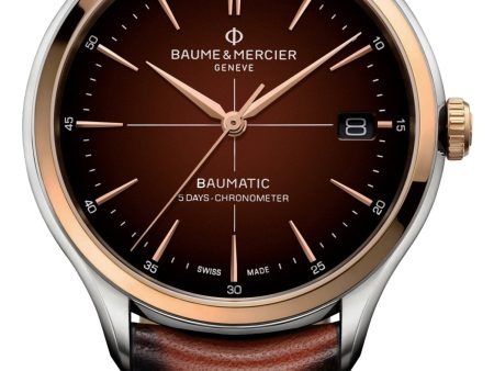 Baume & Mercier Clifton Baumatic COSC Automatic Stainless Steel & Rose Gold Brown Dial Brown Leather Strap Date Mens Watch M0A10713 Discount