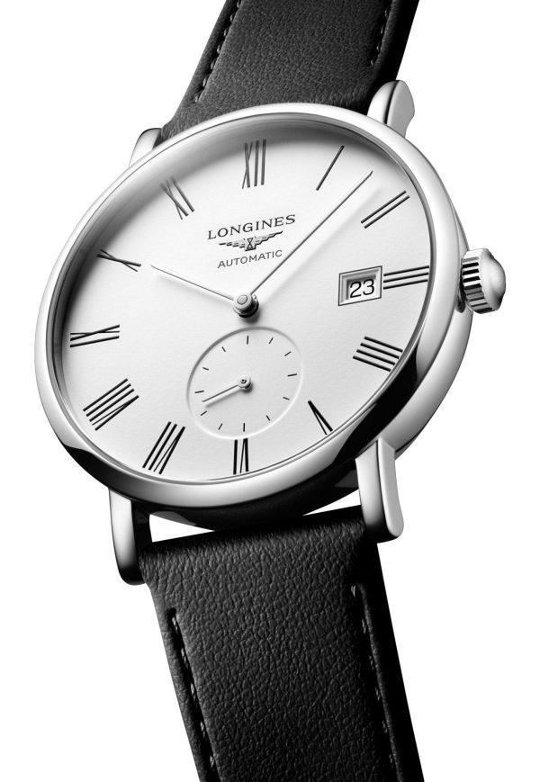 Longines Elegant Automatic Stainless Steel White Dial Black Leather Strap Date Unisex Watch L4.812.4.11.0 Cheap