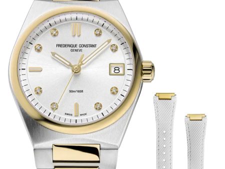 Frederique Constant Highlife Steel & Yellow Gold Plated Silver Dial Diamonds Interchangeable White Rubber Strap Date Quartz Womens Watch FC-240VD2NH3B Fashion