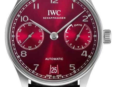 IWC Portugieser Power Reserve Automatic Stainless Steel Red Dial Black Leather Strap Date Mens Watch IW500714 Cheap