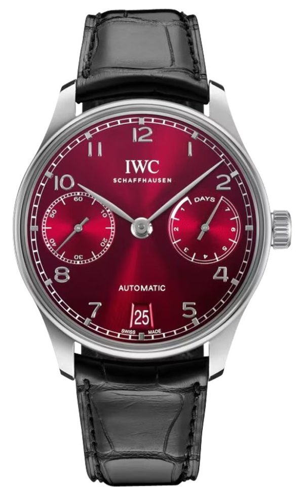 IWC Portugieser Power Reserve Automatic Stainless Steel Red Dial Black Leather Strap Date Mens Watch IW500714 Cheap