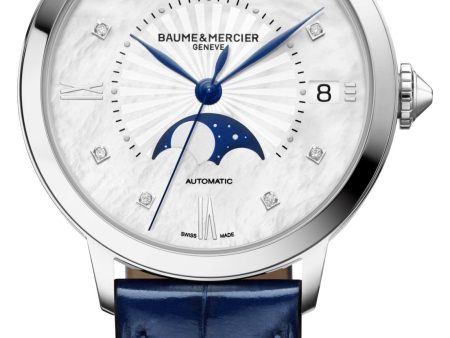 Baume & Mercier Classima Automatic Stainless Steel Mother-Of-Pearl Dial Diamonds Blue Leather Strap Moonphase Date Womens Watch M0A10633 Online now