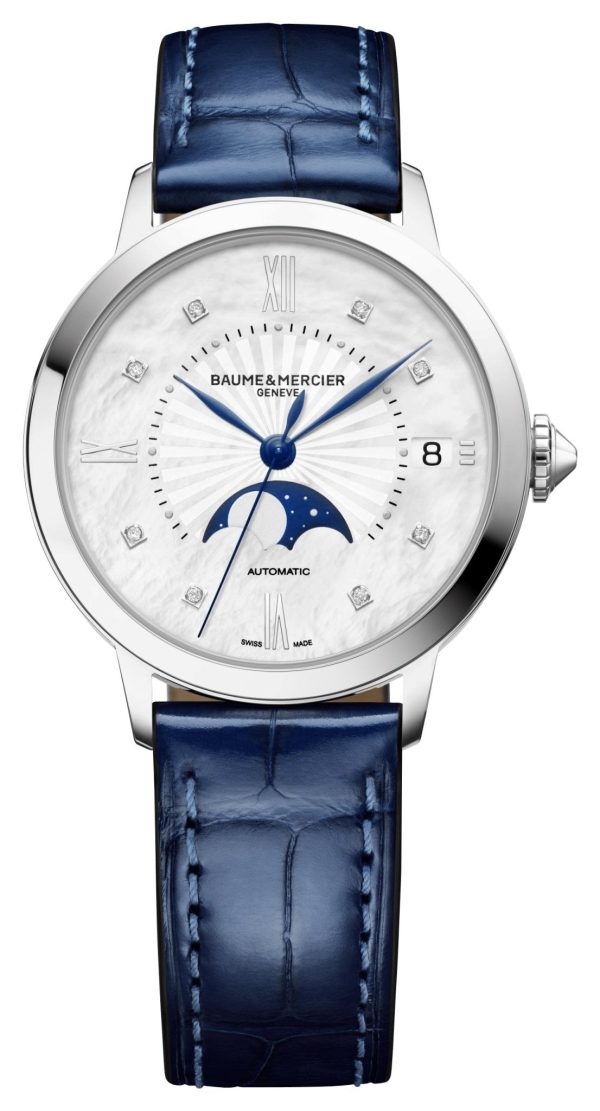 Baume & Mercier Classima Automatic Stainless Steel Mother-Of-Pearl Dial Diamonds Blue Leather Strap Moonphase Date Womens Watch M0A10633 Online now