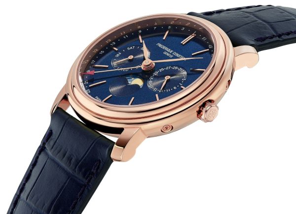 Frederique Constant Classics Index Business Timer Rose Gold Plated Blue Dial Blue Leather Strap Moonphase Day Date Week Quartz Mens Watch FC-270N4P4 Sale