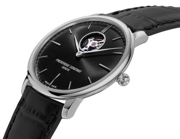 Frederique Constant Slimline Heart Beat Automatic Stainless Steel Black Dial Black Leather Strap Mens Watch FC-312B4S6 Cheap