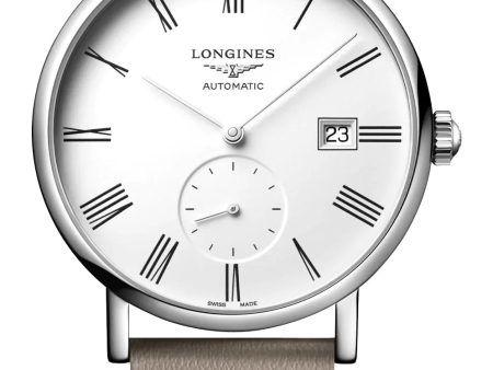 Longines Elegant Automatic Stainless Steel White Dial Beige Leather Strap Date Unisex Watch L4.812.4.11.2 on Sale