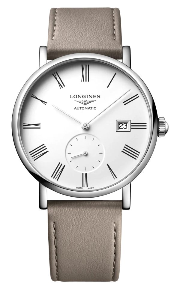 Longines Elegant Automatic Stainless Steel White Dial Beige Leather Strap Date Unisex Watch L4.812.4.11.2 on Sale