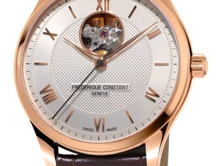 Frederique Constant Classics Heart Beat Rose Gold Tone Steel Automatic Silver Dial Brown Leather Strap Mens Watch FC-310MV5B4 Cheap