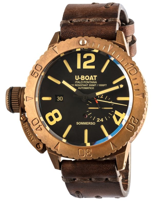 U-Boat Sommerso Automatic Bronze Black Dial Brown Leather Strap Date Divers Mens Watch 8486 Sale