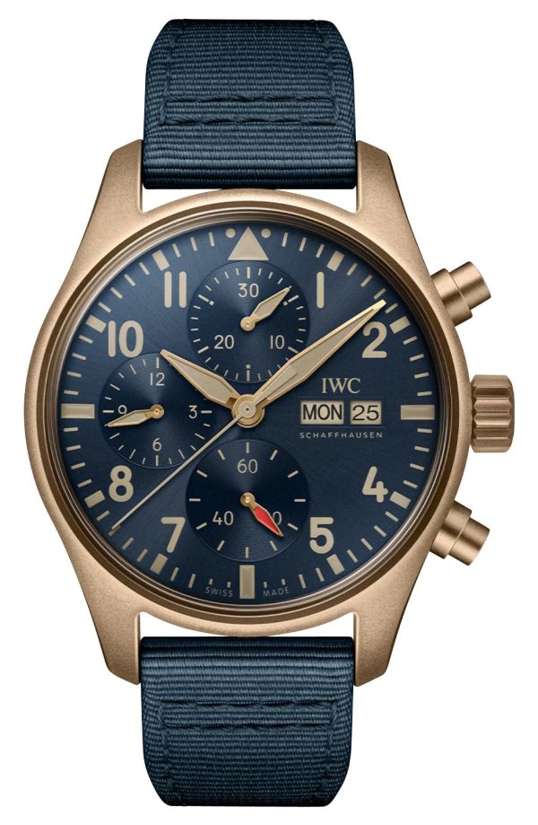 IWC Pilot s Automatic Chronograph Bronze Blue Dial Blue Textile Strap Day Date Mens Watch IW388109 For Sale