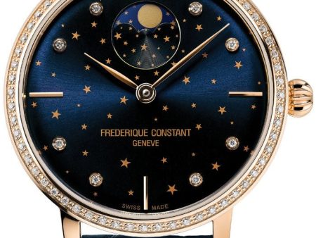 Frederique Constant Slimline Moonphase Stars Manufacture Automatic Rose Gold-Plated Blue Leather Strap Blue Dial Diamonds Womens Watch FC-701NSD3SD4 Supply