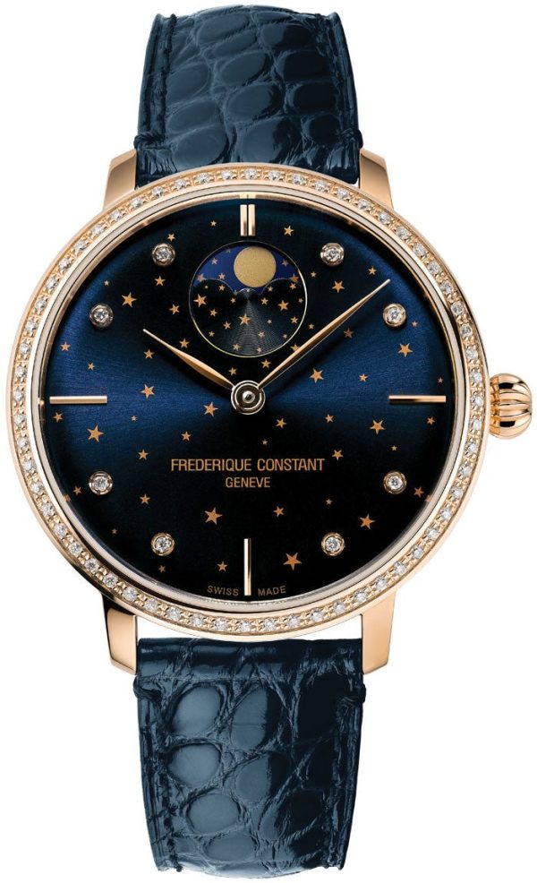 Frederique Constant Slimline Moonphase Stars Manufacture Automatic Rose Gold-Plated Blue Leather Strap Blue Dial Diamonds Womens Watch FC-701NSD3SD4 Supply